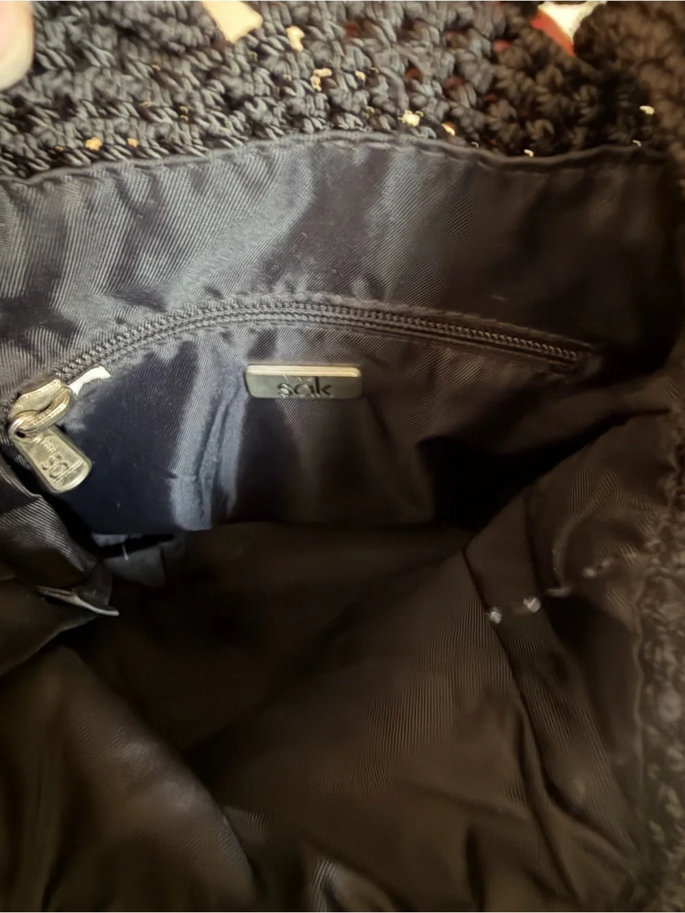 The Sak Black Crochet Drawstring Backpack Purse Woven Bucket Sling Bag Small